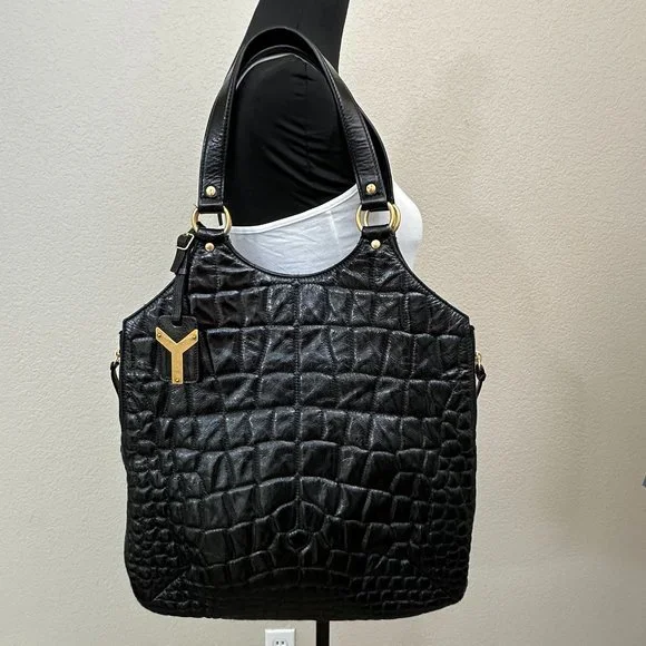 Vintage YSL Saint Laurent Black Patent Leather Croc Stitched Tribute Flat Tote